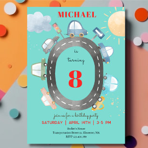 Cars and vehicles on the road race birthday invitation