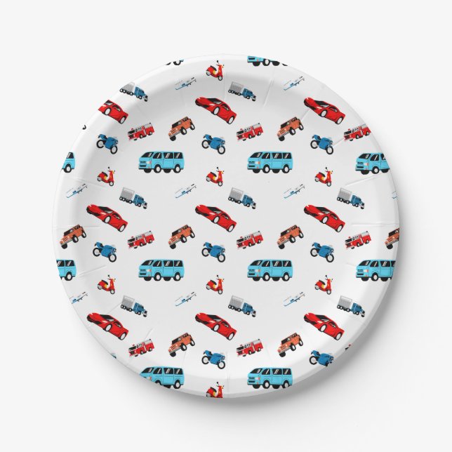 Cars Bikes Airplane Vehicles Transportation Theme  Paper Plates (Front)