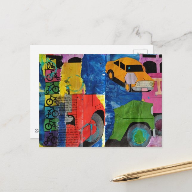 Cars Bikes and Trucks mixed media collage  Postcard (Front/Back In Situ)