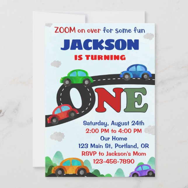 Cars birthday invitation Driver boy first birthday (Front)