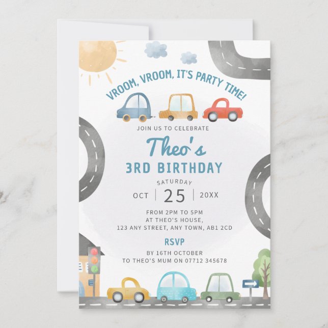 Cars Birthday Party Invitation Transport Theme (Front)