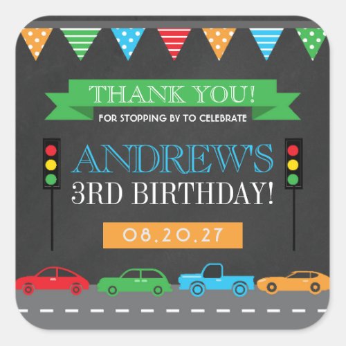 Cars Chalkboard Birthday Party Thank You Square Sticker