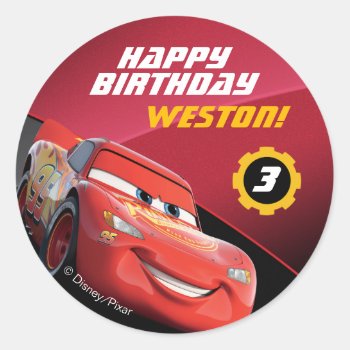 Cars Lightning Mcqueen | Birthday Classic Round Sticker by DisneyPixarCars at Zazzle