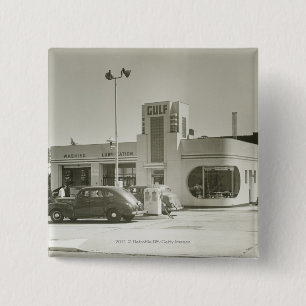 Cars parked at gas station pinback button
