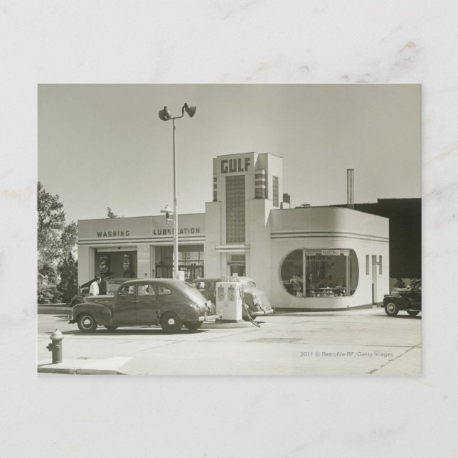 Cars parked at gas station postcard (Front)