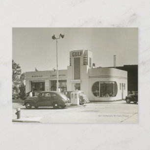 Cars parked at gas station postcard