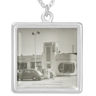 Cars parked at gas station silver plated necklace