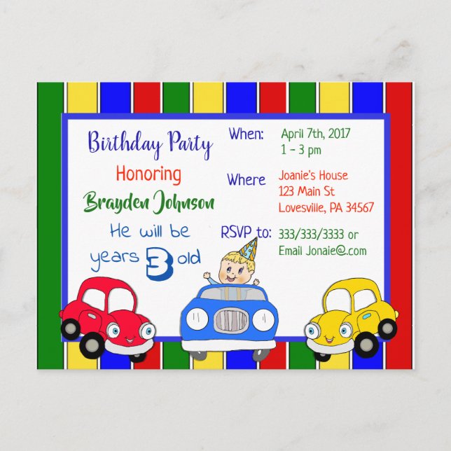 Cars Red Blue Green Boy's Birthday Invitation Postcard (Front)