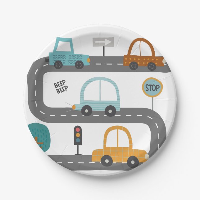 Cars road Birthday Invitation Paper Plates (Front)