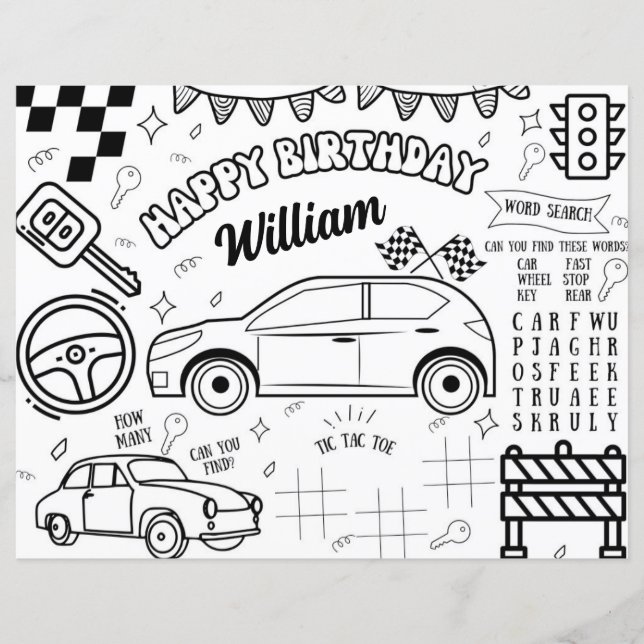  Cars Theme Printable Birthday Coloring Page  (Front)