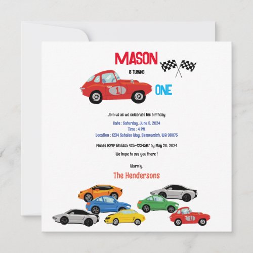 Cars themed first birthday party invitation