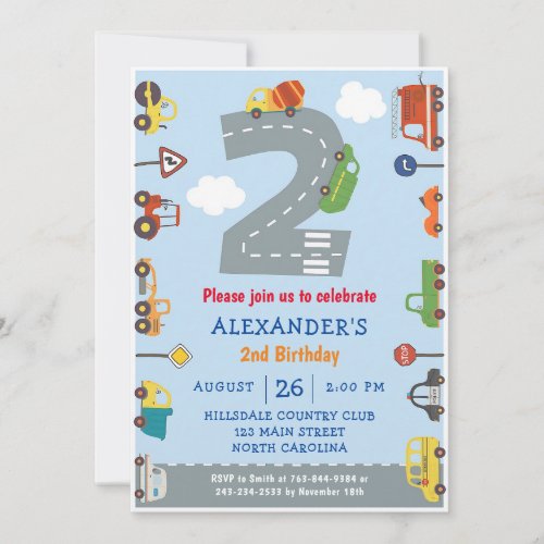 Cars & Trucks 2nd Birthday Boy Invite