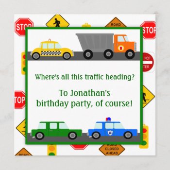 Cars  Trucks And Street Signs Children's Birthday Invitation by csinvitations at Zazzle