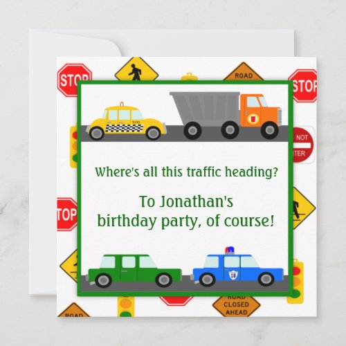 Cars Trucks and Street Signs Childrens Birthday Invitation
