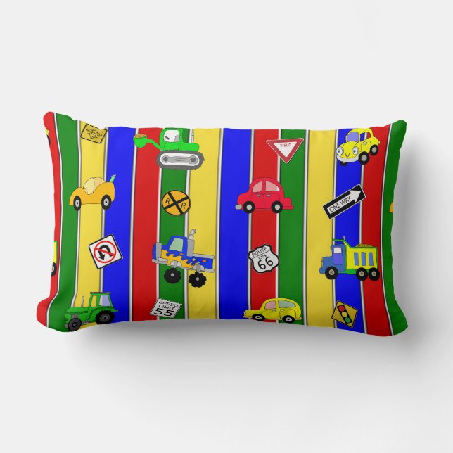 Cars, Trucks and Traffic Signs Red, Blue, Yellow, Lumbar Pillow (Front)