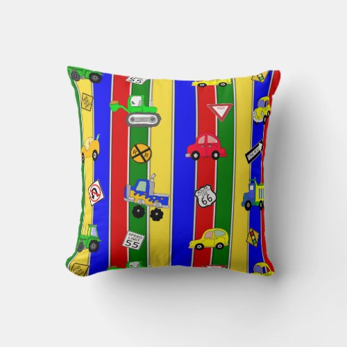 Cars Trucks and Traffic Signs Red Blue Yellow Throw Pillow