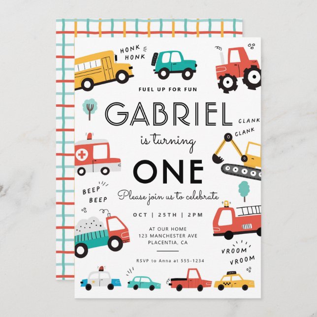 Cars & Trucks City Transportation birthday Party Invitation (Front/Back)