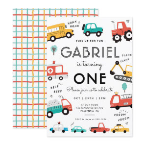 Cars & Trucks City Transportation birthday Party Invitation