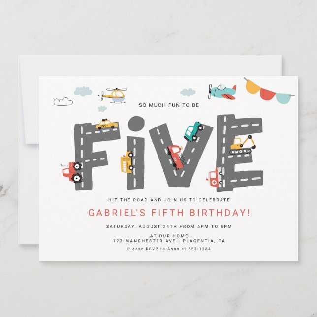 Cars & Trucks City Transportation FIFTH Birthday Invitation (Front)