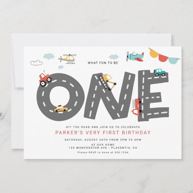Cars & Trucks City Transportation First Birthday Invitation (Front)