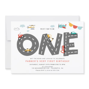 Cars & Trucks City Transportation First Birthday Invitation