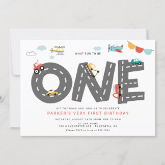 Cars & Trucks City Transportation First Birthday Invitation