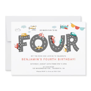 Cars & Trucks City Transportation FOURTH Birthday Invitation