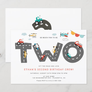 Cars & Trucks City Transportation SECOND Birthday Invitation