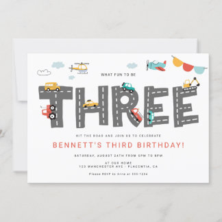 Cars & Trucks City Transportation THIRD Birthday Invitation