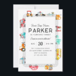 Cars Trucks Street Kids Transportation Birthday Invitation<br><div class="desc">Modern Honk Beep Vroom Cruise on Over Police Car Bike Scooter School Bus Fire Truck Ice Cream Truck Mailman Postman Cars Trucks Street Road Kids Transportation Birthday</div>