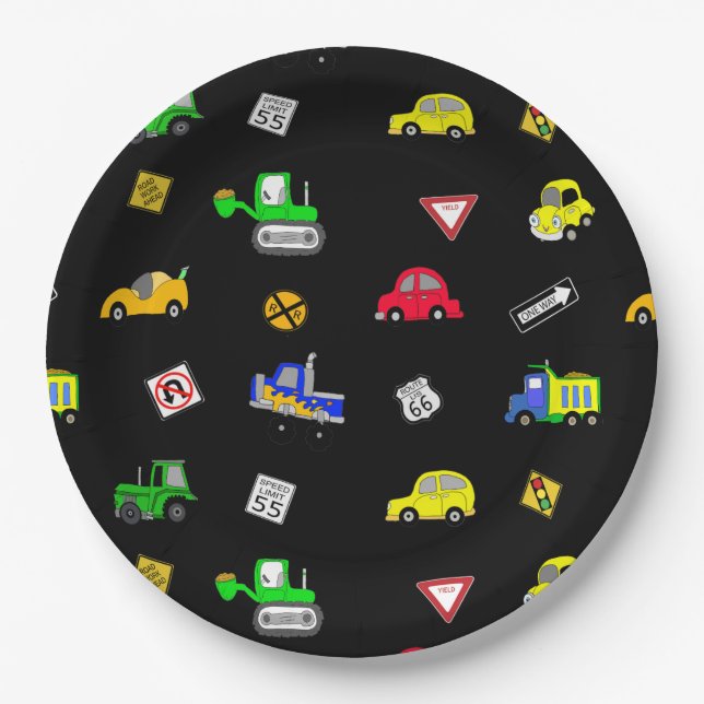 Cars, Trucks, Traffic Signs Boy's Birthday Party Paper Plates (Front)