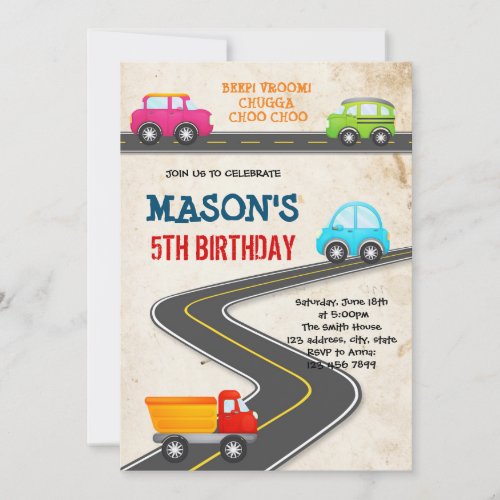 Cars vehicles transportation birthday invitation