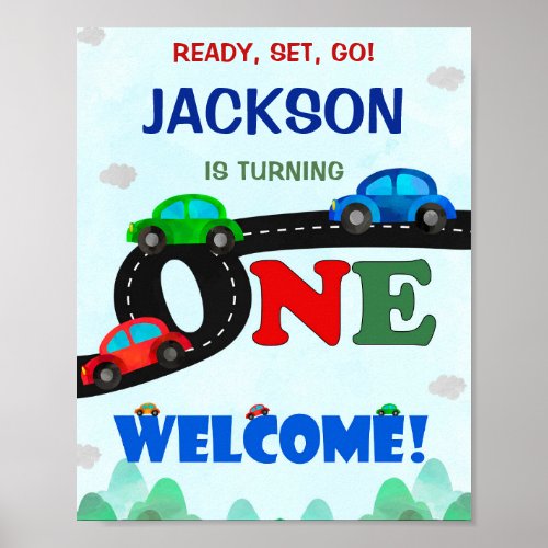 Cars welcome party sign Driver 1st birthday poster