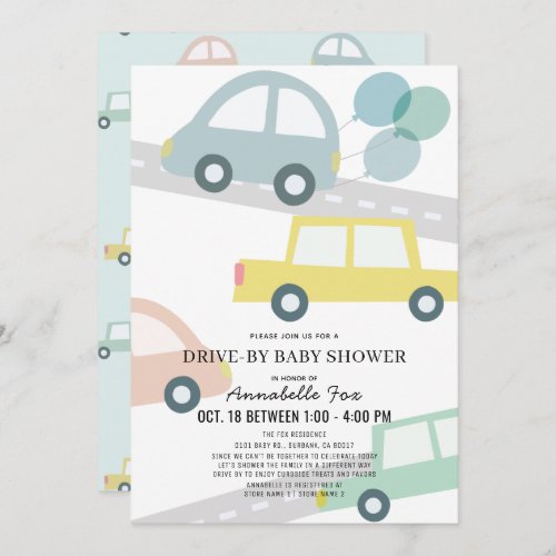 Cars with Balloons Blue Boy Drive_by Baby Shower Invitation