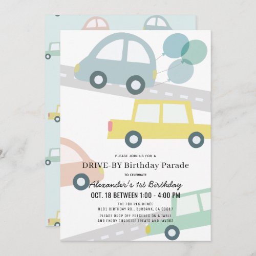 Cars with Balloons Blue Boy Drive_by Birthday Invitation