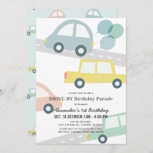 Cars with Balloons Blue Boy Drive-by Birthday Invitation