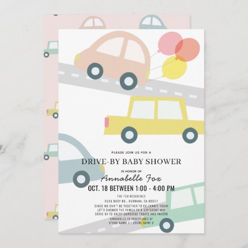 Cars with Balloons Pink Girl Drive_by Baby Shower Invitation