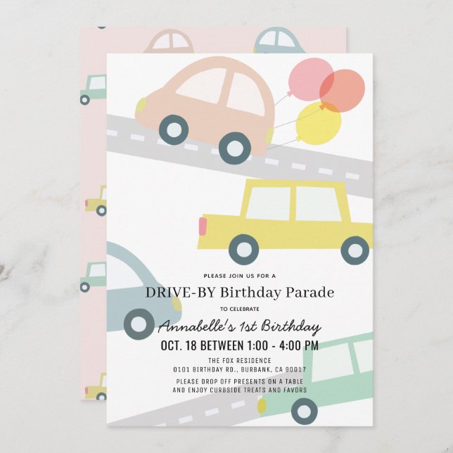 Cars with Balloons Pink Girl Drive-by Birthday Invitation (Front/Back)