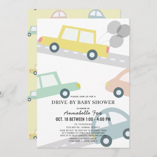 Cars with Balloons Yellow Drive_by Baby Shower Invitation