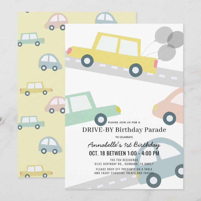 Cars with Balloons Yellow Drive-by Birthday Invitation (Front/Back)