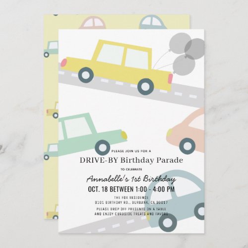Cars with Balloons Yellow Drive_by Birthday Invitation