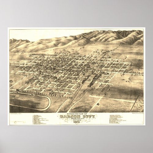 Carson City NV circa 1875 Birds Eye Map Poster