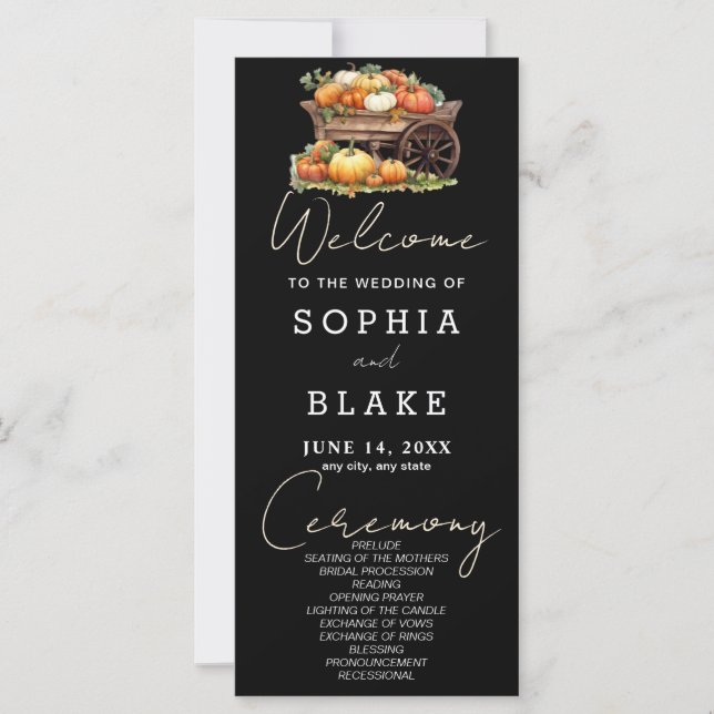 Cart of Pumpkins Fall Black Wedding Program (Front)