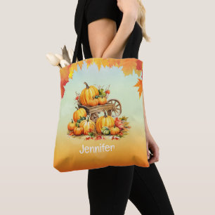 Cart of Pumpkins Fall Leaf Border Orange Halloween Tote Bag