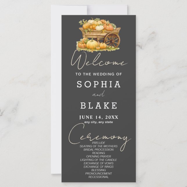 Cart of Pumpkins Fall Shadow Gray Wedding Program (Front)