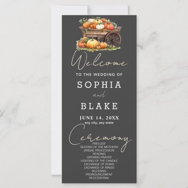 Cart of Pumpkins Fall Shadow Gray Wedding Program (Front)
