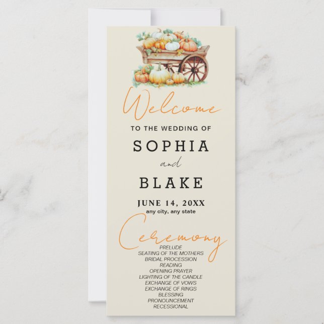 Cart of Pumpkins Fall White Ash Wedding Program (Front)