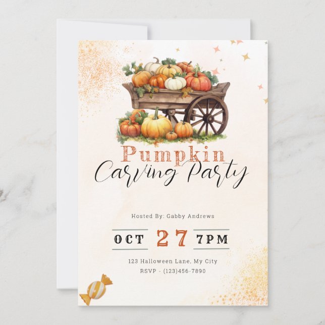 Cart of Pumpkins Orange Pumpkin Carving Party Invitation (Front)