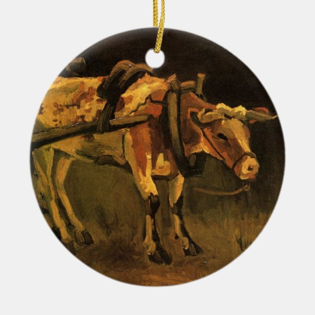 Cart with Red and White Ox by Vincent van Gogh Ceramic Ornament (Front)