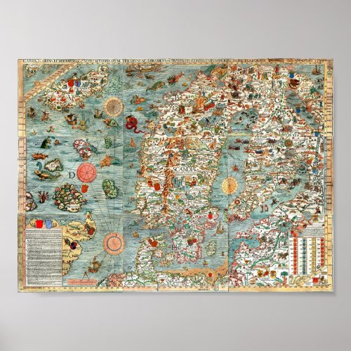 Carta Marina map of Scandinavia  Poster